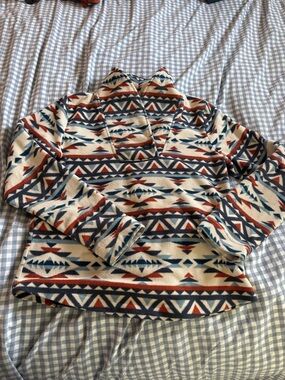 Cozy Fleece Aztec Print Pullover - Cream, Navy & Rust
